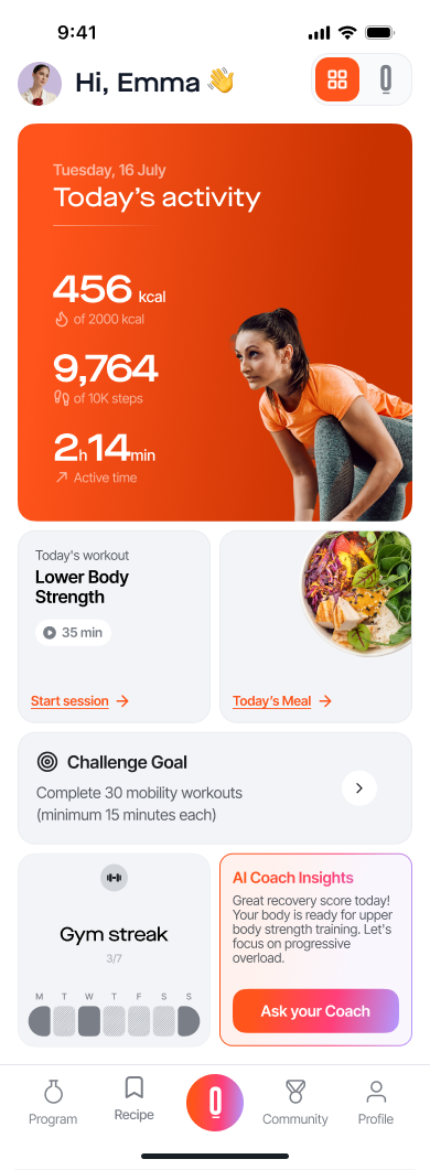 Écran d'accueil de l'application GoGain Fit : activité du jour, séance, repas et coach IA.